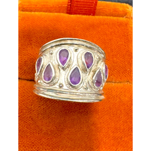 Vtg Purple Amethyst Statement Ring Sterling 925 Silver sz 8 8.5 Modernist Signed - Picture 1 of 7